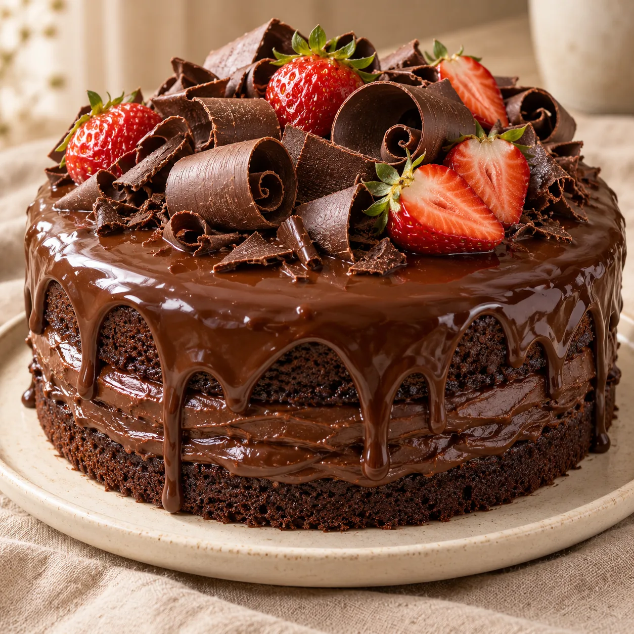 Bolo de chocolate com ganache, raspas e morangos