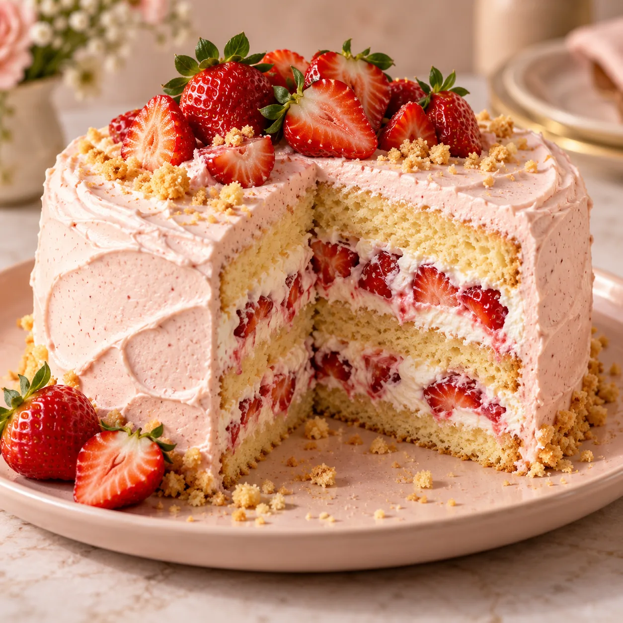 Bolo de morango com camadas de creme e frutas frescas